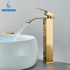 Tall Gold Basin Mixer Sink Tap Brass Waterfall Faucet Single Bathroom Mixer Tap 