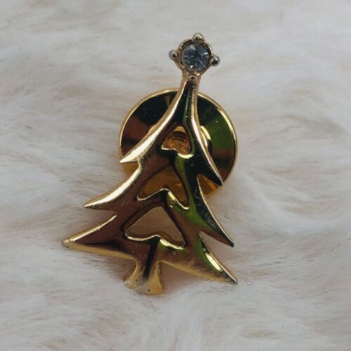 Vtg Avon Gold Tone Lapel Tac Pin - Simple Christmas Tree w/ Rhinestone Star - 第 1/2 張圖片