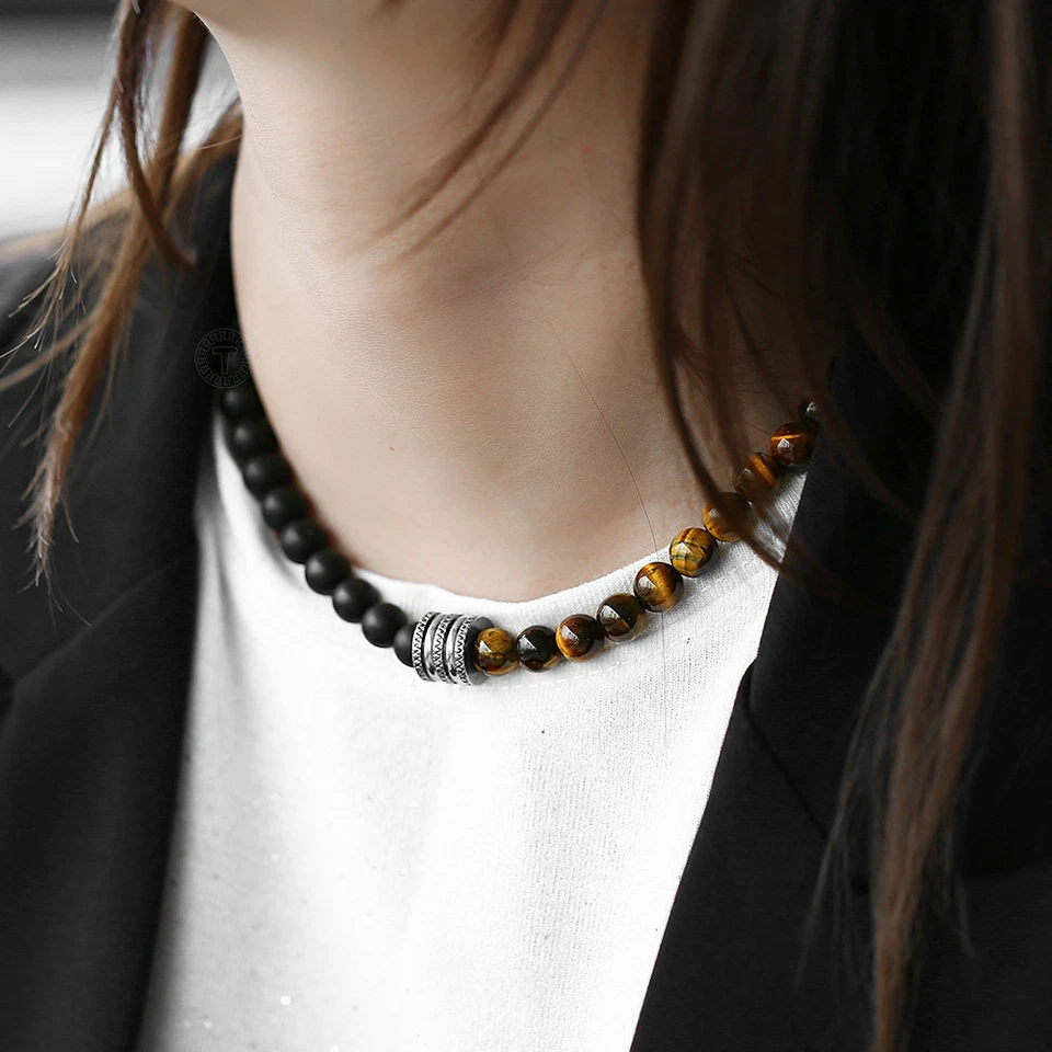 Collar Natural Ojos de Tigre Jaspe Cuentas para Unisex Acero Inoxidable Dije Navidad Foto 3 de 4