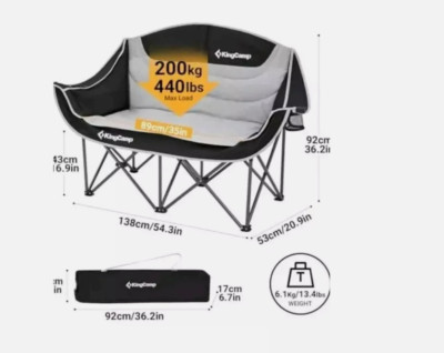 KingCamp Double Camping Chair Loveseat Heavy Duty Canna C20 Two Person Black