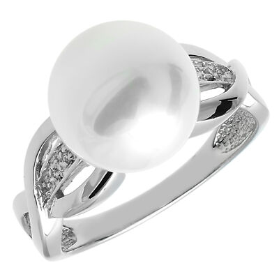 Pearl Ring Real Silver 925 Sterling Silver with Cubic Zirconia and Pearl Large Ladies Ring