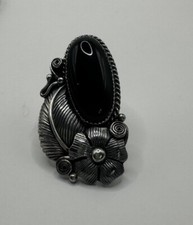 Long Sterling Silver Flower Ring With Black Gem