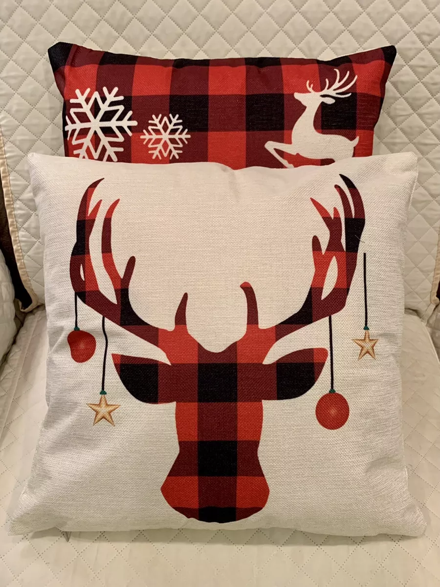 Set of 2 Christmas Throw Pillows Black Red Buffalo Plaid Reindeer 18”x 18”  READY