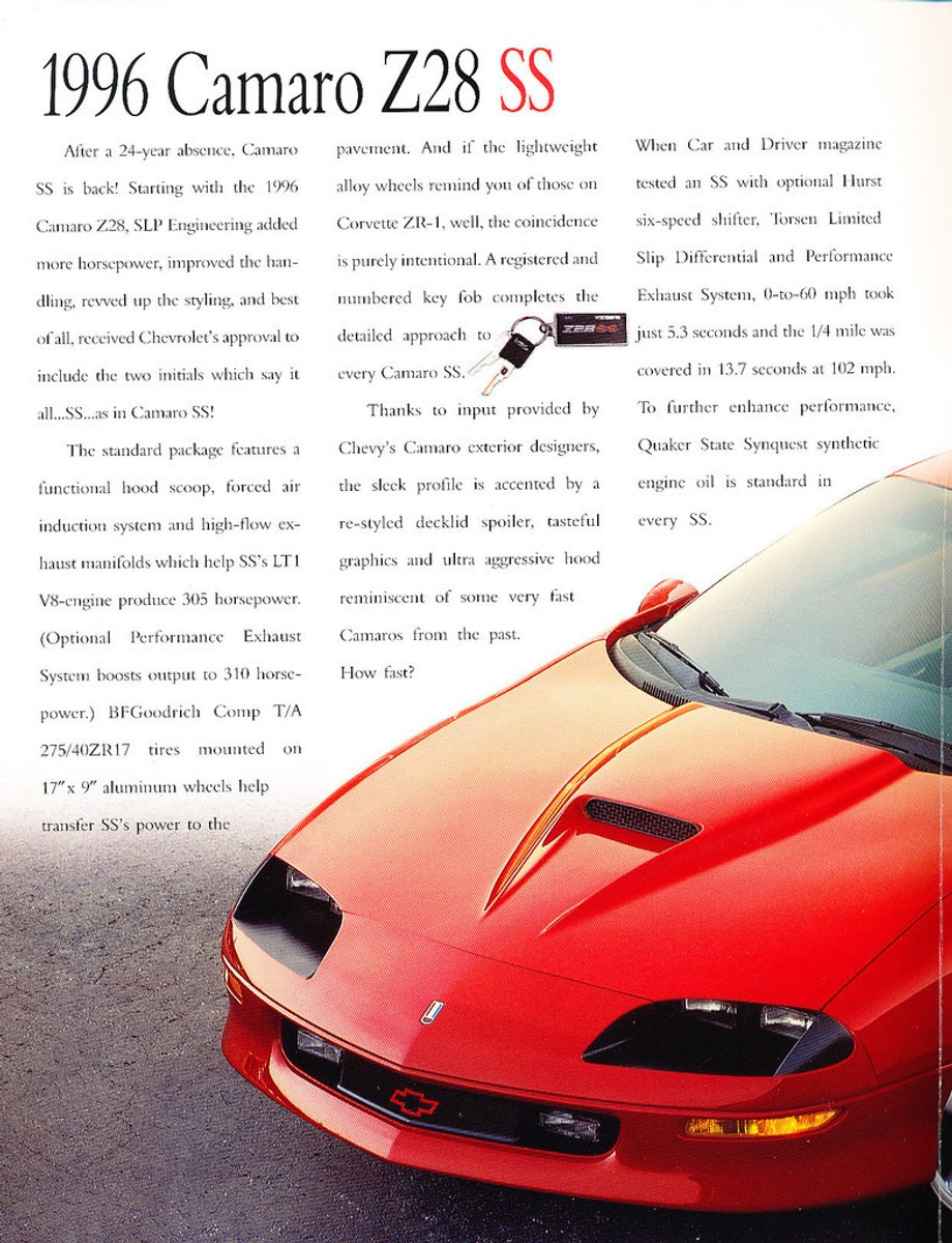 1996 Chevrolet Chevy Camaro SS Original Car Sales Brochure Folder