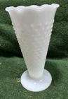 Vintage White Milk Glass Hobnail Vase with Fluted Edge.