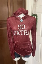Y2K Burnout Long Sleeve Hoodie Tee Burgundy Grunge Sz XS Modern Lux Sheer
