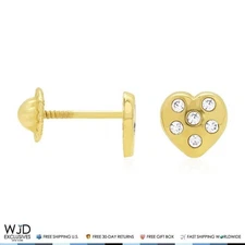 14K Yellow Gold White Zircon Heart Screw Back Stud Kids Earrings
