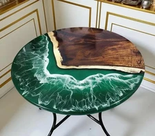 Green Ocean Epoxy Resin Coffee Table – Handmade Modern Wave Art Table, Unique