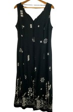 Vintage R&K Originals Petite Dress 16P Black Sleeveless Rayon African Print Long