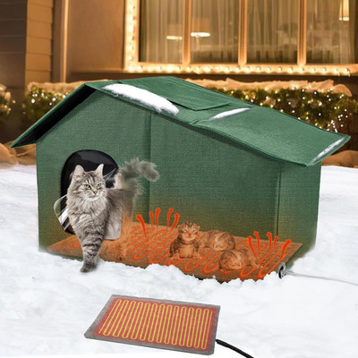 Outdoor Heated Cat House in Winter, Insulated Heated Outdoor Kitty House with He