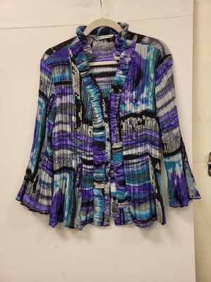 Signature by Larry Levine Petite Blouse PXL Purple Blue Pleated Ruffle Button To