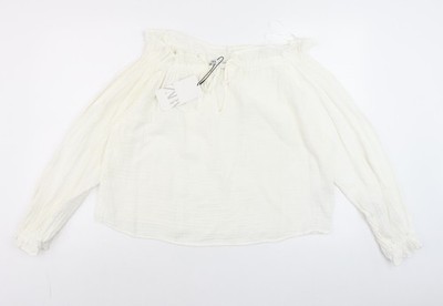 ZARA Damen Bluse Elfenbein Schulterfrei Baumwolle Boho Größe S