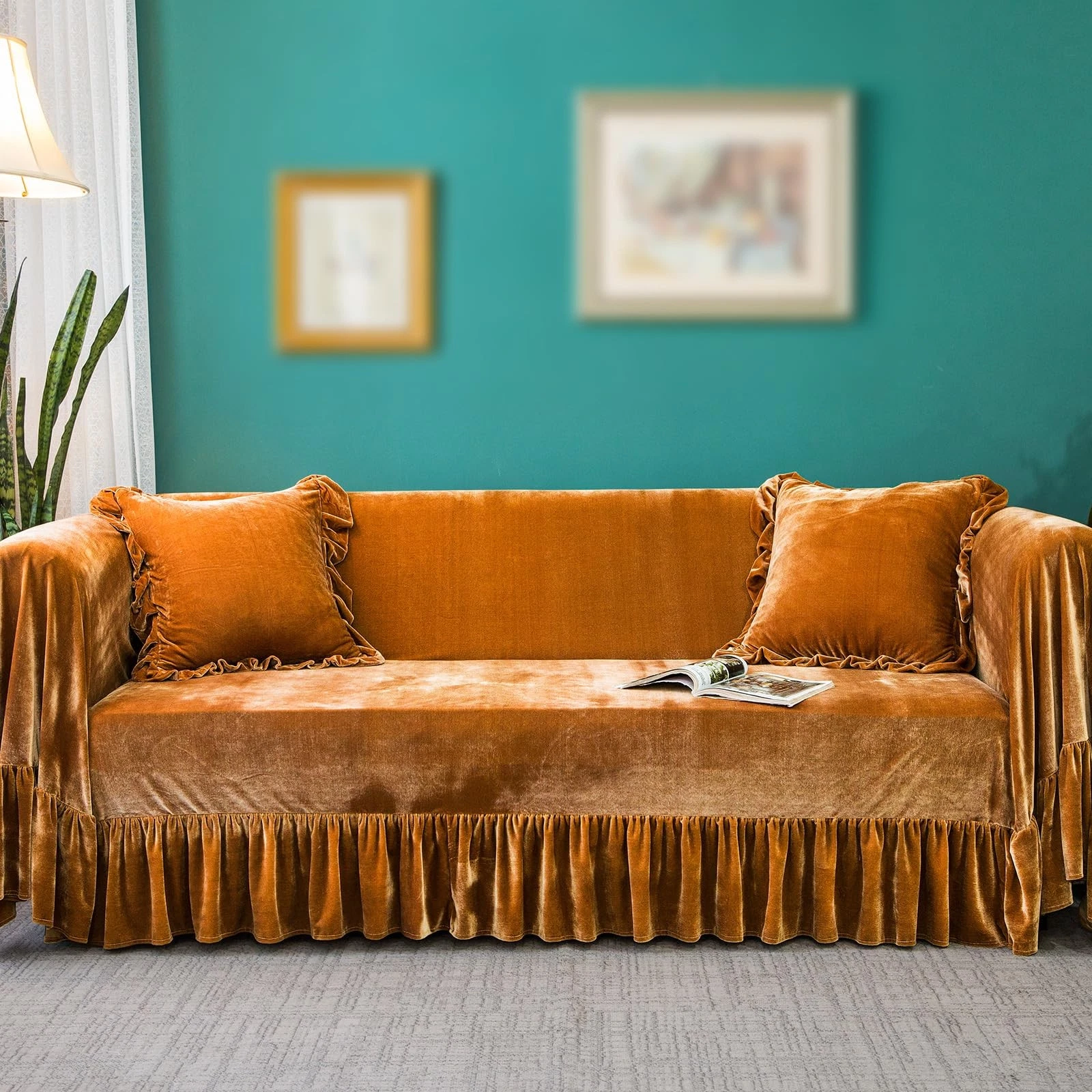 Velvet Sofa Cover Soft Decorative Luxurious Solid 88"x134", Golden Camel