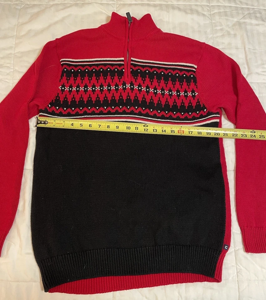 Chaps Fair Isle Sweater Mens Large Red Black Knit Cotton Quarter Zip EUC - Image 3 of 4