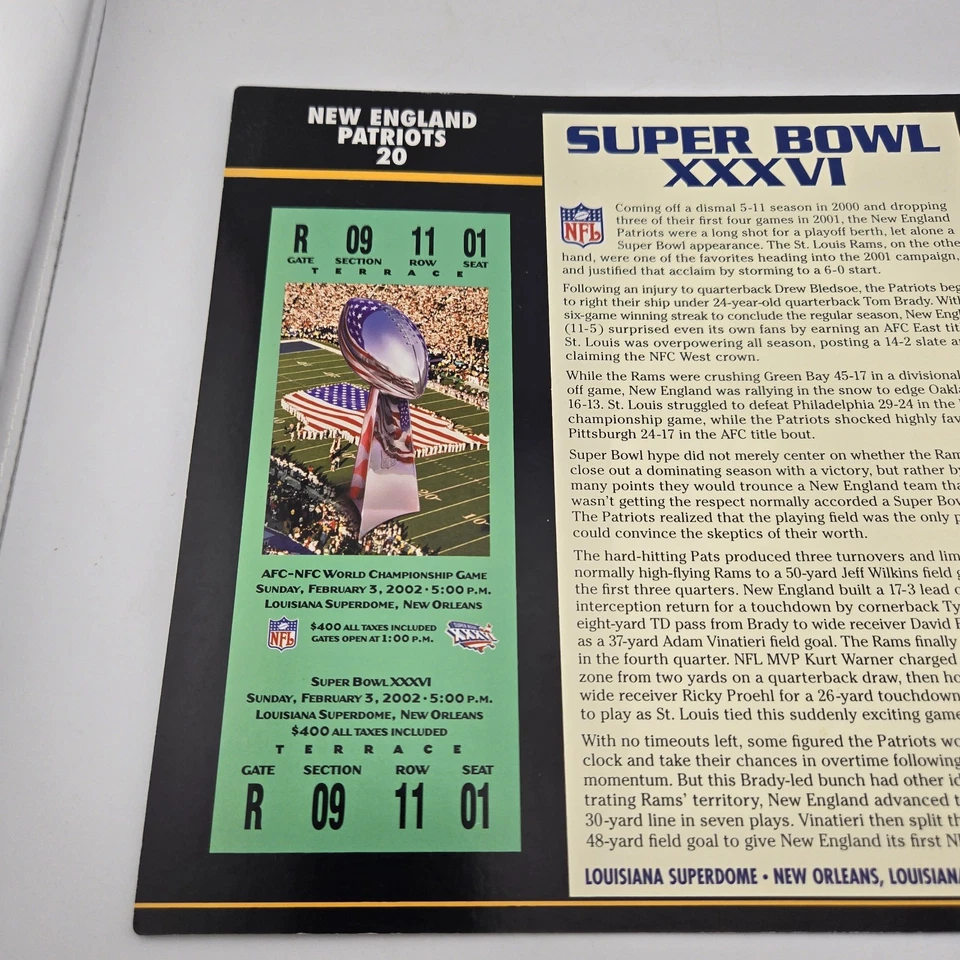 Super Bowl XXXVI 36 2002 22K Gold Ticket Patriots Rams NFL Tom Brady 1st Win - Image 3 of 4