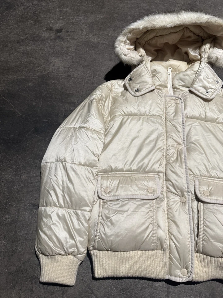 Abercrombie & Fitch Puffer Down Jacket Womens Medium Beige Hooded Faux Fur - Image 2 of 4