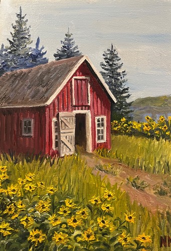 RED BARN WITH SUNFLOWERS Original Oil Landscape Painting Country Farmhouse Art