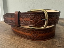 Vintage USA Brown WESTERN Leather Belt w/Removable Buckle Size 46 HAND TOOLED