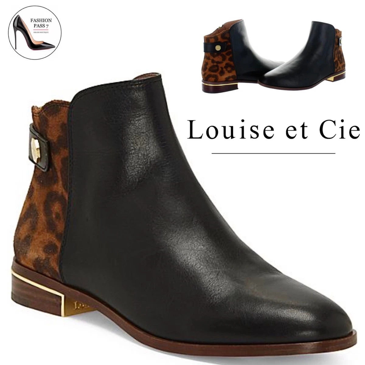 Louise Et Cie Tangie 3 Ankle Boots Leather Leopard Print Black Fashion  Booties