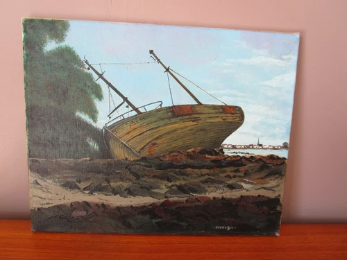 Oil On Canvas Painting Seaside Stranded Boat Signed Joseph CREN