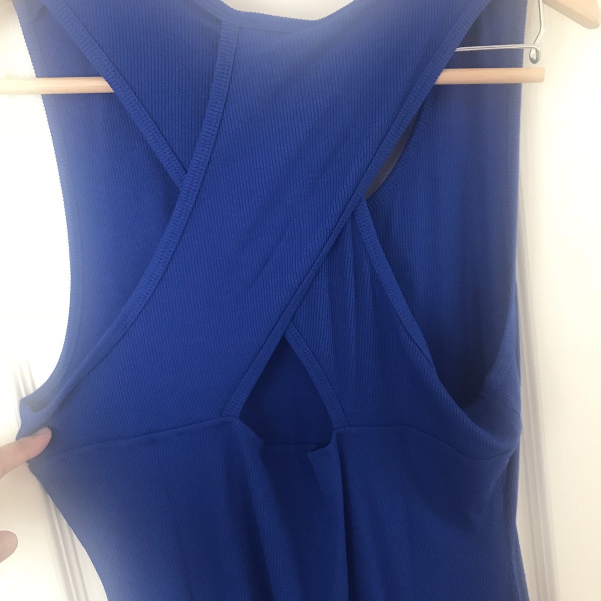 Women's Bebe Logo Square Neck Dress, Size Large in Blue Spandex