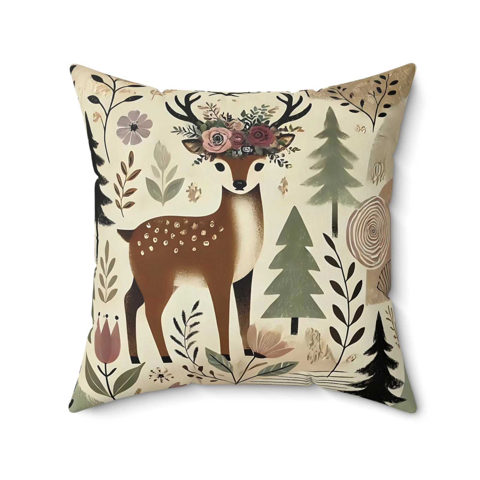 Woodland Whimsy: Festive Deer Throw Pillow"Spun Polyester Square Pillow
