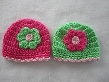 2-CROCHETED PREEMIE BABY HAT BEANIES 11" 4- HOT PINK HOMEMADE 0-3 MO.GIRL