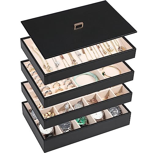 Stackable Jewelry Organizer Tray with Lid, PU Leather Jewelry Storage Holder for
