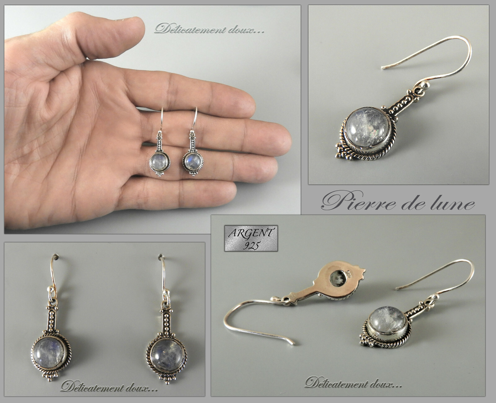 Boucles d'oreilles argent 925 pierre de lune ronde femme bijou argent sterling BO-AR-116
