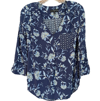 FRED DAVID Women s size S Blouse Shirt Top 3/4 Sleeve Viscose Floral Blue