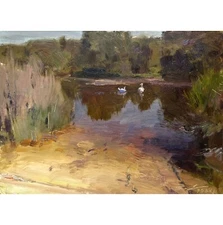 Impressionist original oil painting Pond landscape by Ukraine artist S.Polyakov