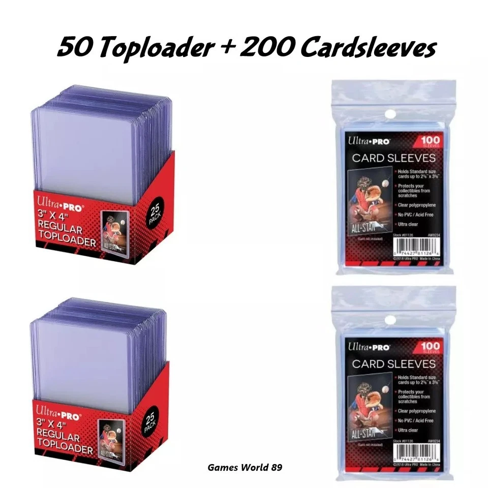 50x Ultra Pro Toploader & 200 Sleeves Schutzhüllen für Pokemon Magic Yugioh NEU
