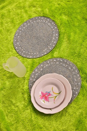 Set Of 6 Silver Placemat Beaded Round Placemat Designer Charger Plate 13X13 Inch - Picture 3 of 6