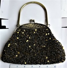 INGE CHRISTOPHER luxurious small evening purse black beads golden shiny sequins