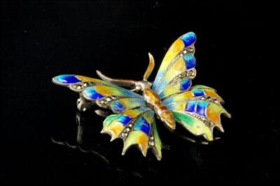 VINTAGE GERMAN BUTTERFLY MARCASITE BLUE ENAMEL STERLING SILVER PIN