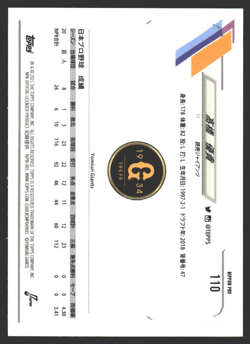 Yuki Takahashi #110 2021 Topps NPB Yomiuri Giants | eBay