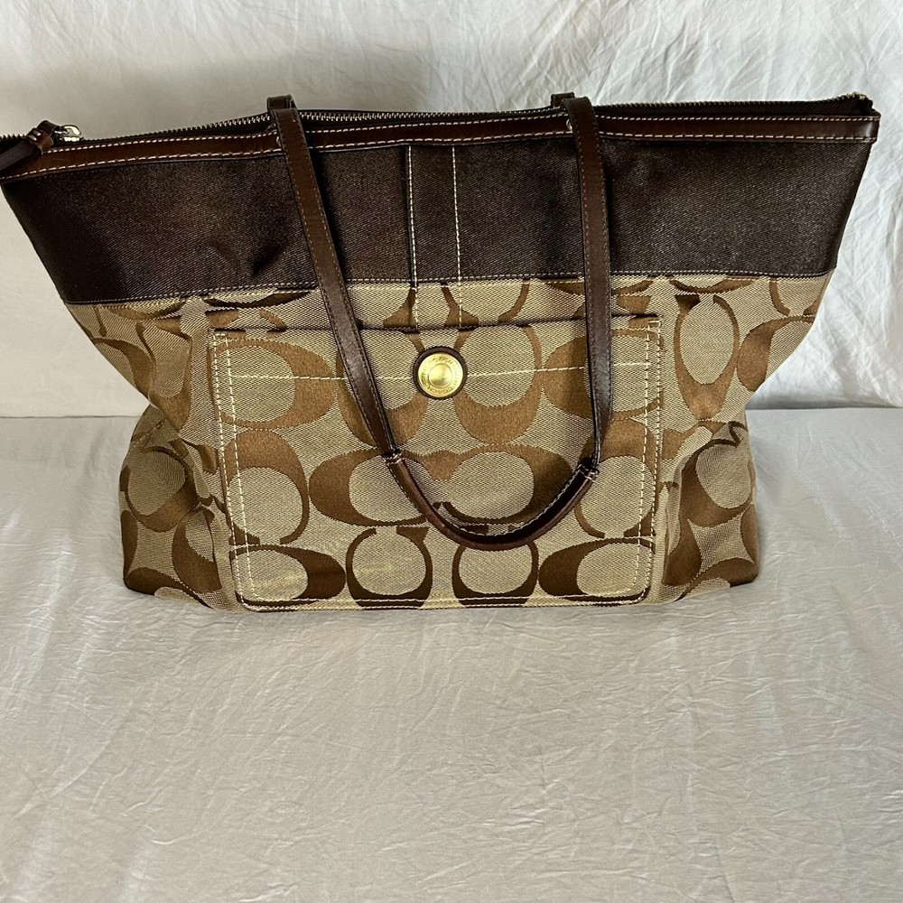 Coach Monogram Sateen Stripe Khaki/Mahogany Top Handle Tote Carryall Handbag