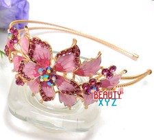 Pink Crystal Rhinestone Gold Tone Metal Flower Headband Women's Bridal Prom