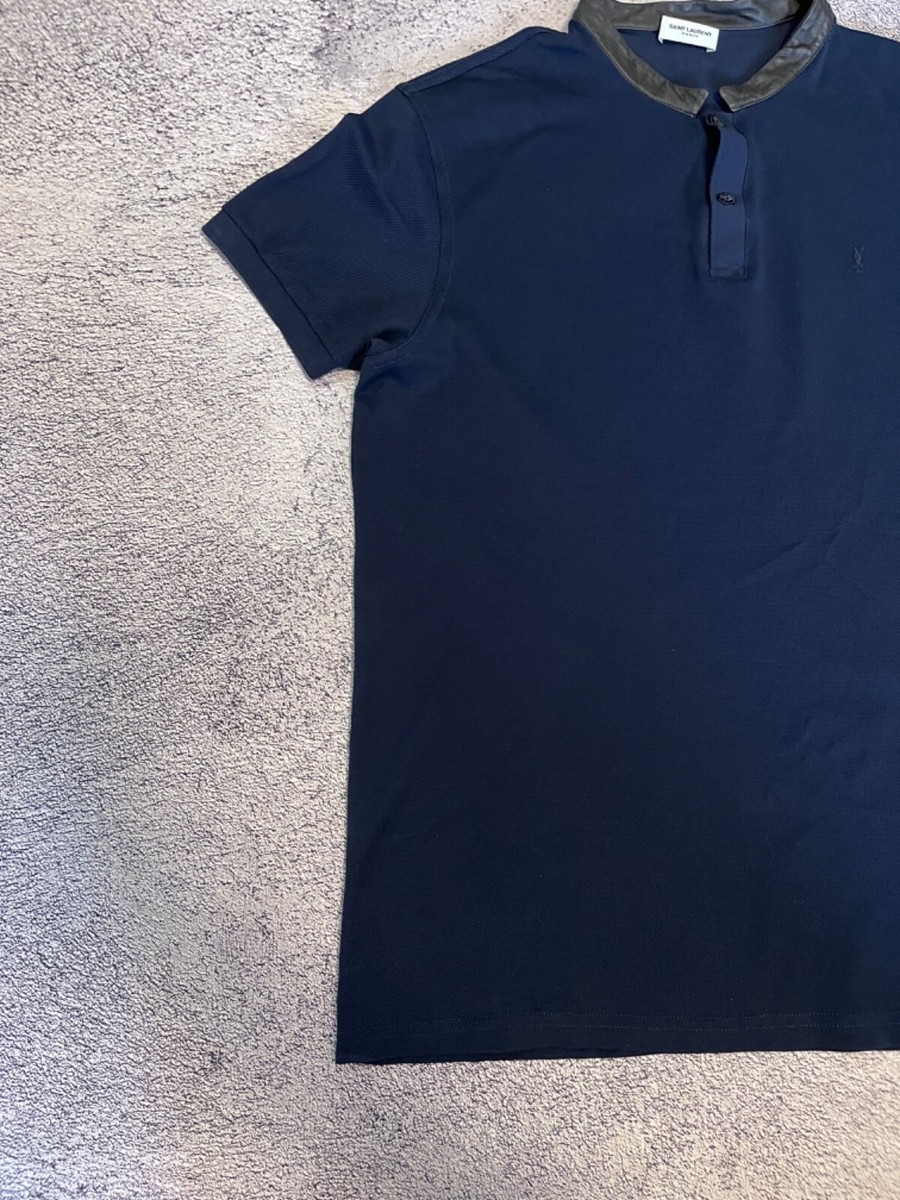 Saint Laurent Men's Polo T-Shirt Blue Leather Collar Size L