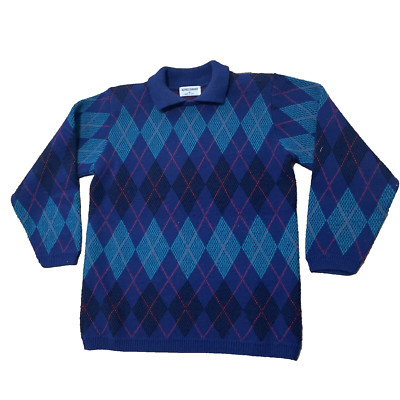 ALFRED DUNNER Vintage 80s knit Sweater Polo Men S Blue Argyle Diamond  Made USA