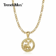 Gold Plated Stainless Steel 12 Zodiac Constellation Pendant Necklace Figaro Link