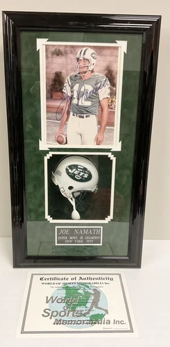 Joe Namath SUPER BOWL 3 Champion FRAMED PHOTO/Mini Helmet 27x15 NY JETS - W/cert
