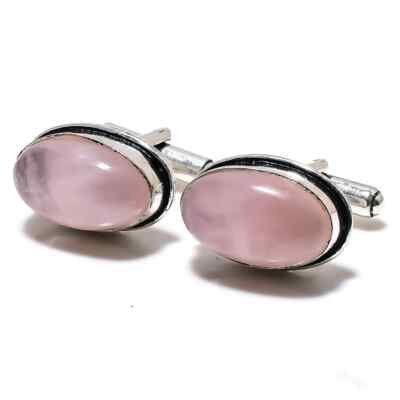 Natural Rose Quartz Gemstone 925 Sterling Silver Cufflinks Special Gift For Him
