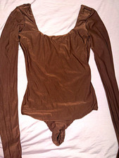 Women  s Brown Long Sleeve One Piece Bodysuit Size S Solid Stretch Opaque
