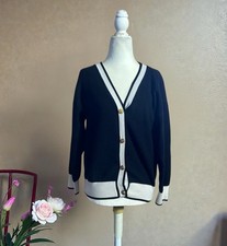 VINTAGE Chanel Black  White Ribbed Cardigan Sweater Gold Anchor Button Size 44  