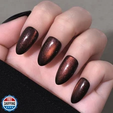 evpct Dark Red Press on Nails Almond Short, Reddish Brown Cat Eye Glitter Pre