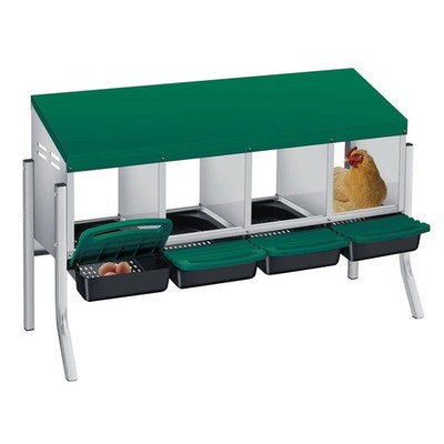 4er Hühner Nistkasten aus verzinktem Stahl mit Eiersammelbox und Roll-Away Ablag