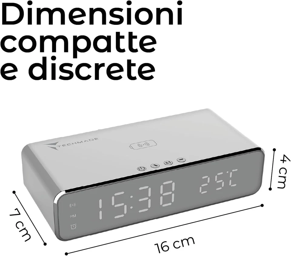 TECHMADE – Sveglia Digitale con Ricarica Wireless, Allarme con Timer, Display  - Immagine 2 di 4