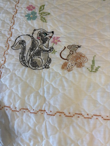 Vtg Disney Bambi Hand Cross Stitched Coordinating Baby Blanket Sheet Pillowcase - Picture 3 of 14