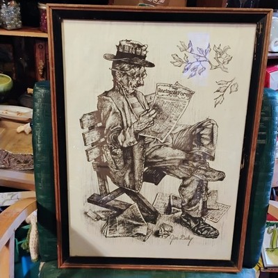 Jim Daly Offset Lithograph ''Still Trying'' Hobo Reading Newspaper 24x18